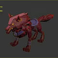 Vibrant Red Wolf Sculpture With Sharp Fangs Glowing Eyes And Purple Accents