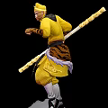 Mythical Warrior in Yellow Traditional Outfit holding a Long Staff standing on Colorful Fluffy Clouds