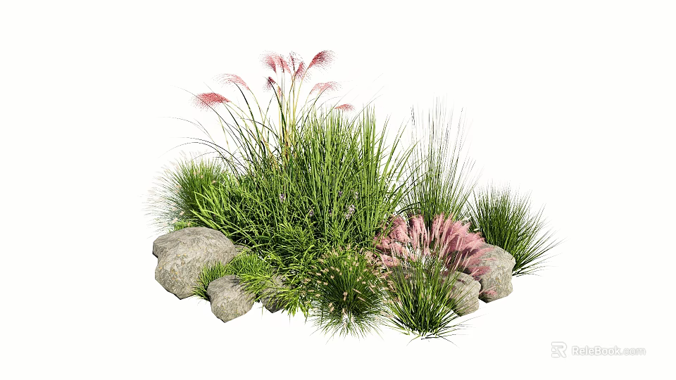 Green Herbs And Pink Feathery Plants With Stones In Natural Garden Arrangement 3d model 