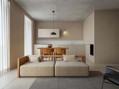 Modern Minimalist Apartment Interior With Linen Sofa Wooden Dining Table And Large Windows 3d model