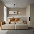 Modern Minimalist Apartment Interior With Linen Sofa Wooden Dining Table And Large Windows
