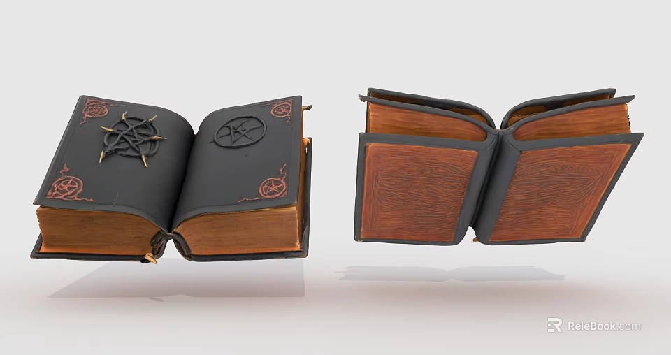 Open Books With Leather And Wooden Covers Featuring Star And Spiral Decorations 3d model 