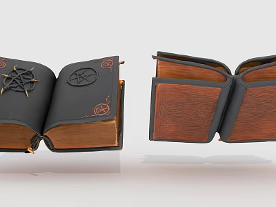 Open Books With Leather And Wooden Covers Featuring Star And Spiral Decorations 3d model