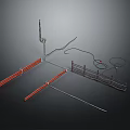 Industrial Metal Equipment Set With Red Railings Support Poles And Wires