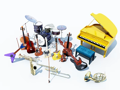 Colorful Musical Instruments Collection Featuring Piano Drums Guitars Violins And Brass Instruments 3d model