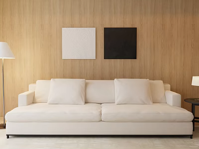 White Two Seater Sofa Against Wooden Wall With Two Paintings Floor Lamp And Small Table 3d model