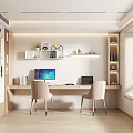 Modern Study Room Interior With Wooden Desk Comfortable Chairs And Decorative Shelves