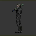 Cyberpunk Male Character In Black Leather Jacket With Futuristic Weapon And Mechanical Arm