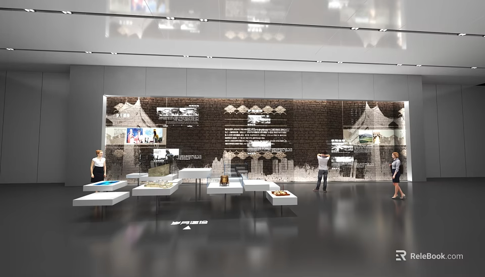 Modern Exhibition Space With Display Wall Tables And Visitors Viewing Exhibits 3d model 