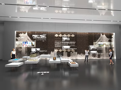 Modern Exhibition Space With Display Wall Tables And Visitors Viewing Exhibits 3d model