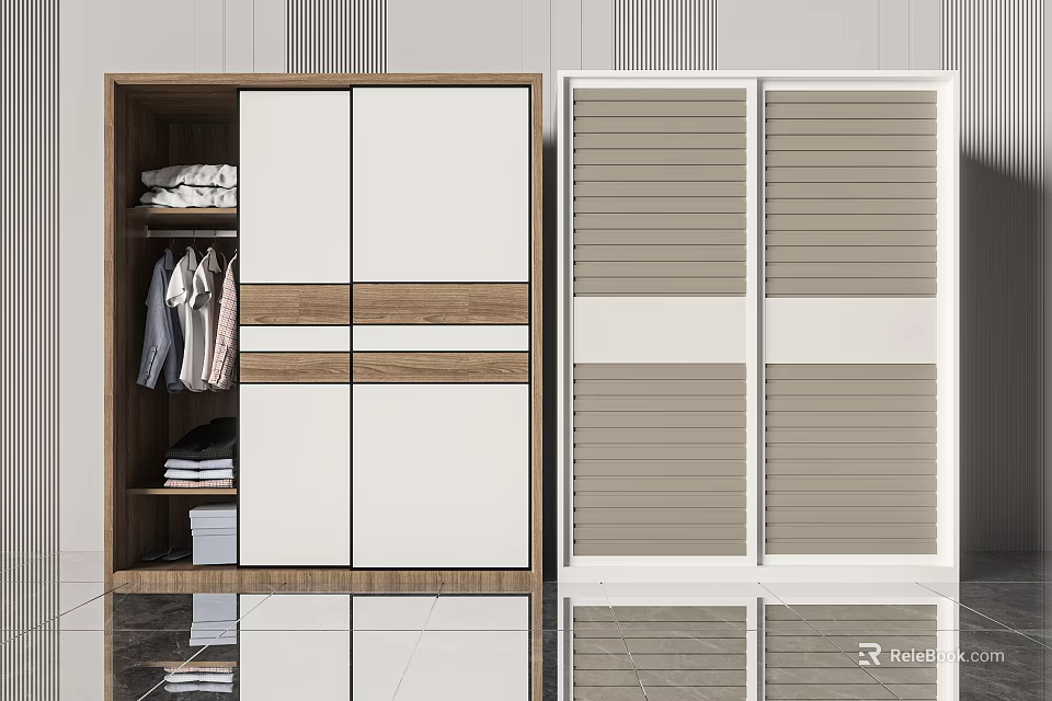 Modern Wardrobe Designs With Sliding Doors Wooden Panels And Louvered Storage 3d model 