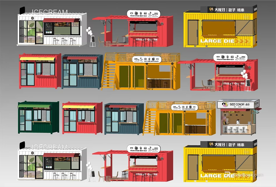 Colorful Container Food Stalls With Various Designs For Outdoor Street Food 3d model 