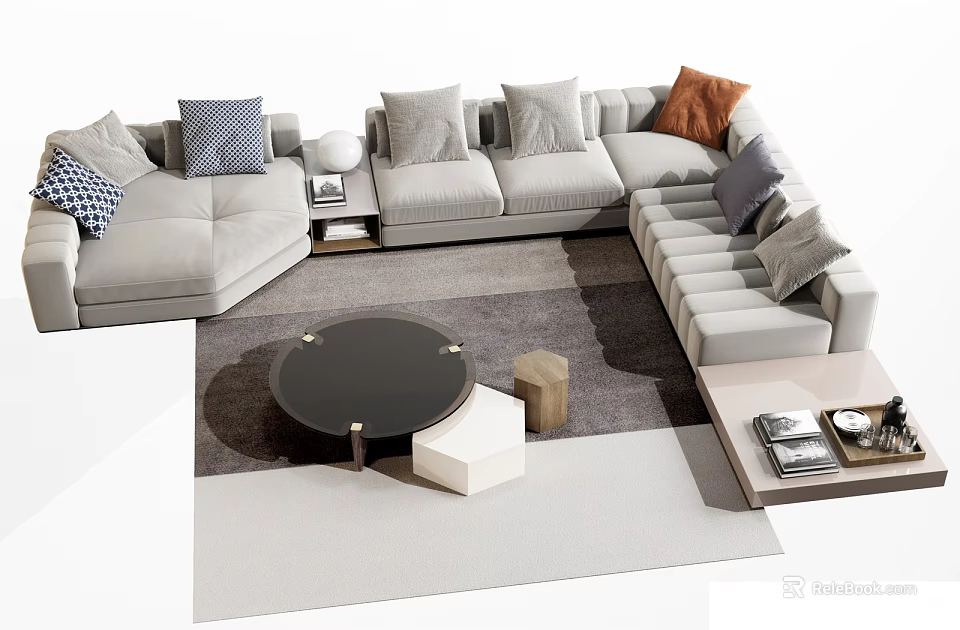 Modern Sofa And Coffee Table Set With Decorative Pillows Round Table And Area Rug 3d model