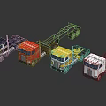 Colorful Model Trucks in Blue Red Yellow and White Displayed in a Row