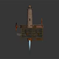 Cartoon Scene Featuring Tall Brick Lighthouse Wooden Cabin Red Flags And Blue Beam