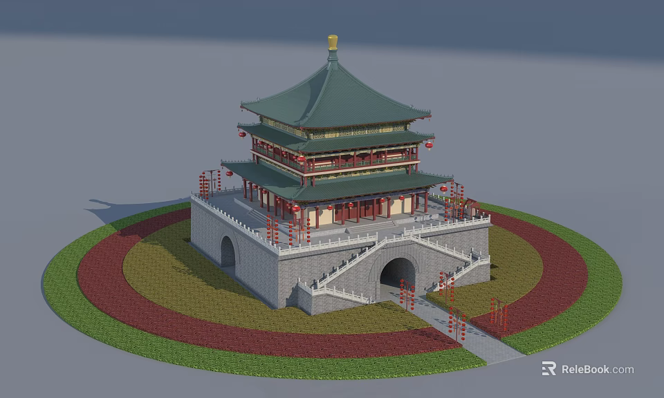 Ancient Architecture With Green Roof Golden Spire Gray Stone Base Arched Gateways Circular Lawn Paths 3d model 