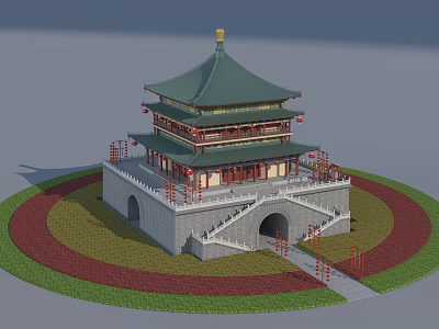 Ancient Architecture With Green Roof Golden Spire Gray Stone Base Arched Gateways Circular Lawn Paths 3d model
