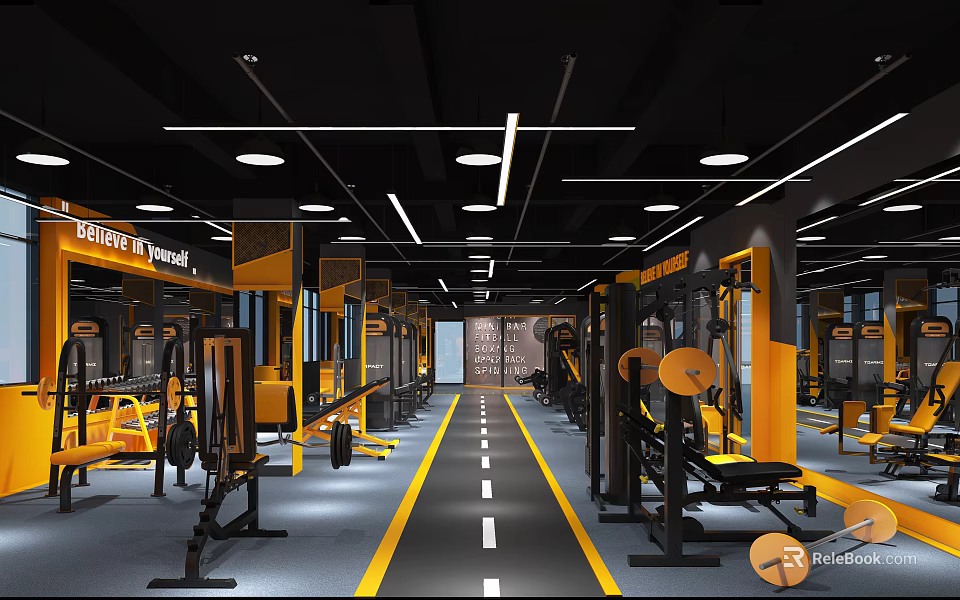 Modern Gym Interior Featuring Yellow Black Fitness Equipment Central Track Ceiling Lights And Mirror Walls 3d model 