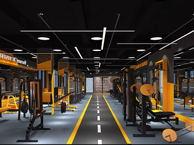 Modern Gym Interior Featuring Yellow Black Fitness Equipment Central Track Ceiling Lights And Mirror Walls 3d model