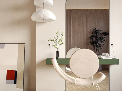 Modern Dressing Table With Green Countertop White Chair Mirror Potted Plant And Hanging Lamp 3d model