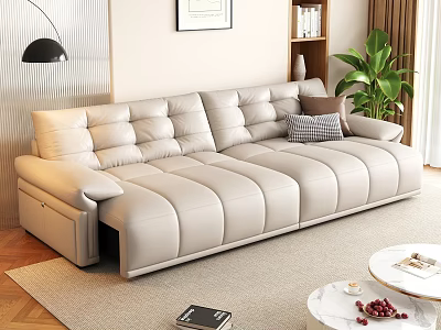 Beige Leather Sectional Sofa in Modern Living Room with Floor Lamp Green Plant and Bookshelf 3d model