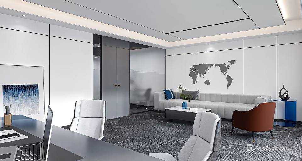 Modern Office Interior With Sofa Coffee Table Chairs And World Map Wall Decor 3d model