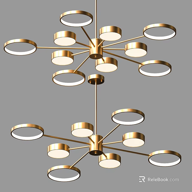 Modern Golden Chandeliers Featuring Circular Light Rings And Metal Frame Design 3d model 