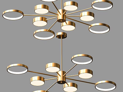 Modern Golden Chandeliers Featuring Circular Light Rings And Metal Frame Design 3d model