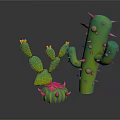 Cartoon Cactus Scene With Multiple Green Cacti Red Spines Yellow Dots and Pink Flower