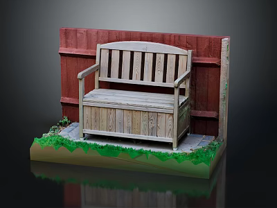Wooden Outdoor Storage Bench With Red Fence Green Grass And Gray Floor In Garden 3d model