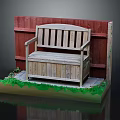 Wooden Outdoor Storage Bench With Red Fence Green Grass And Gray Floor In Garden
