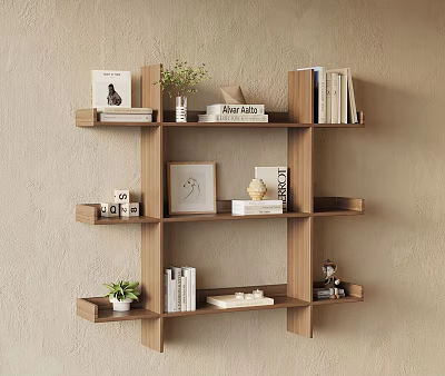 Wooden Wall Bookshelf With Books Decorative Items Photo Frame And Small Plant 3d model