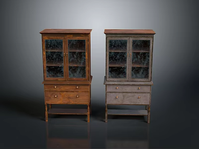 Vintage Wooden Display Cabinets With Glass Doors And Drawers In Different Colors 3d model