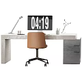 Modern Office Desk With Marble Top Brown Chair Desk Lamp And Digital Clock Stationery