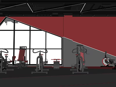 Fitness Gym Bright Interior With Large Windows Stationary Bikes And Workout Equipment 3d model