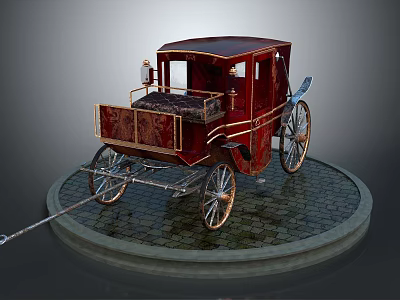 Vintage Red Carriage With Wooden Wheels And Decorative Details On Stone Platform 3d model