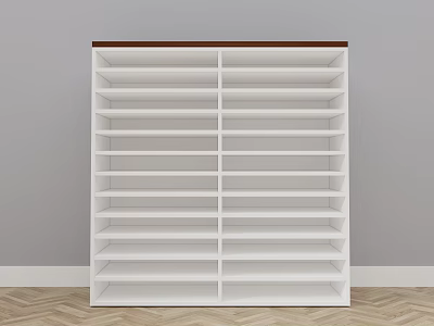 White Multi Layer Bookshelf With Brown Top Against Gray Wall And Wooden Herringbone Floor 3d model