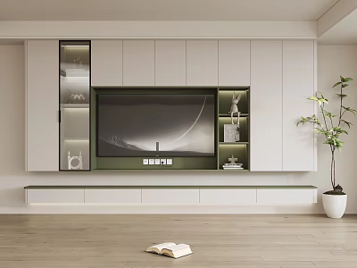 Modern TV Wall Design With White Cabinets Built in TV Glass Display Shelves And Green Plant 3d model