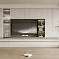 Modern TV Wall Design With White Cabinets Built in TV Glass Display Shelves And Green Plant