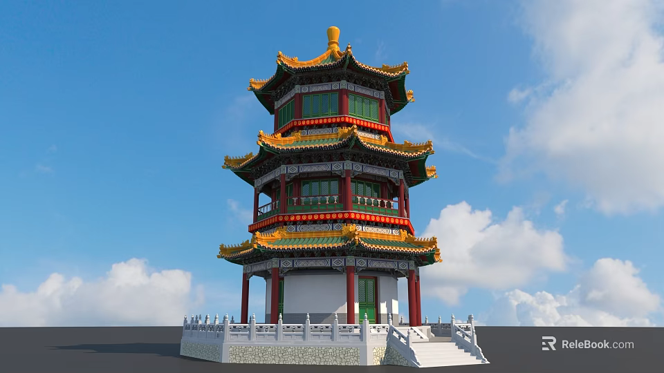 Traditional Ancient Chinese Tower With Yellow Roof Green Windows Red Pillars And White Base 3d model 