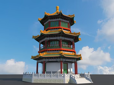 Traditional Ancient Chinese Tower With Yellow Roof Green Windows Red Pillars And White Base 3d model
