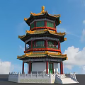 Traditional Ancient Chinese Tower With Yellow Roof Green Windows Red Pillars And White Base