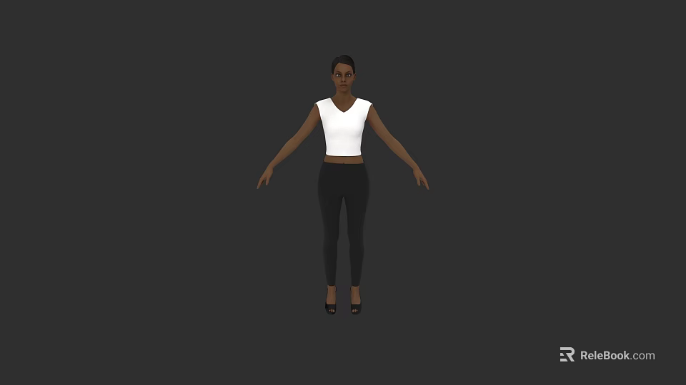 Woman In White Top And Black Pants Standing With Arms Outstretched In Dark Background 3d model 
