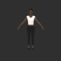 Woman In White Top And Black Pants Standing With Arms Outstretched In Dark Background