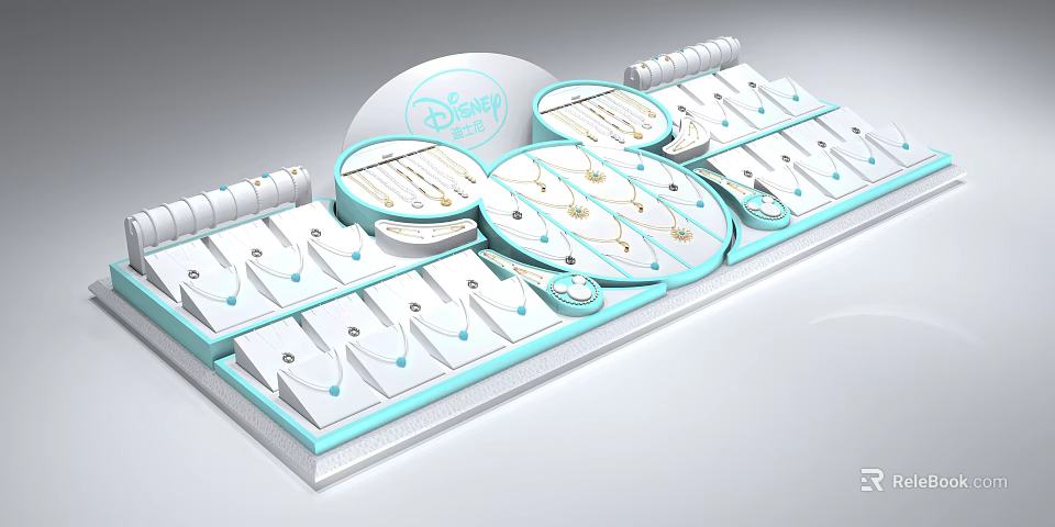 Disney Jewelry Collection with Necklaces Earrings Rings on Elegant White Light Blue Display Stand 3d model 