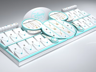 Disney Jewelry Collection with Necklaces Earrings Rings on Elegant White Light Blue Display Stand 3d model