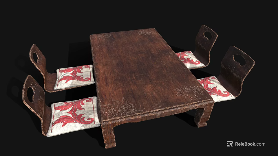 Traditional Chinese Style Dining Chairs With Carved Details And Red White Patterned Cushions 3d model 