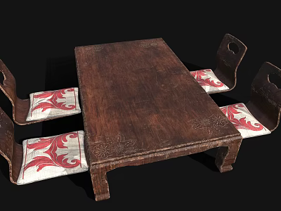 Traditional Chinese Style Dining Chairs With Carved Details And Red White Patterned Cushions 3d model