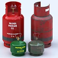 Industrial Propane Tanks In Various Sizes With Red And Green Storage Containers