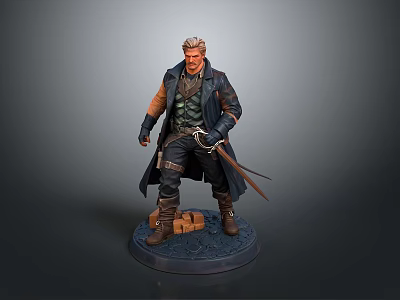 Detailed Man Statue In Long Coat With Armor Holding Dual Swords On Blue Base 3d model